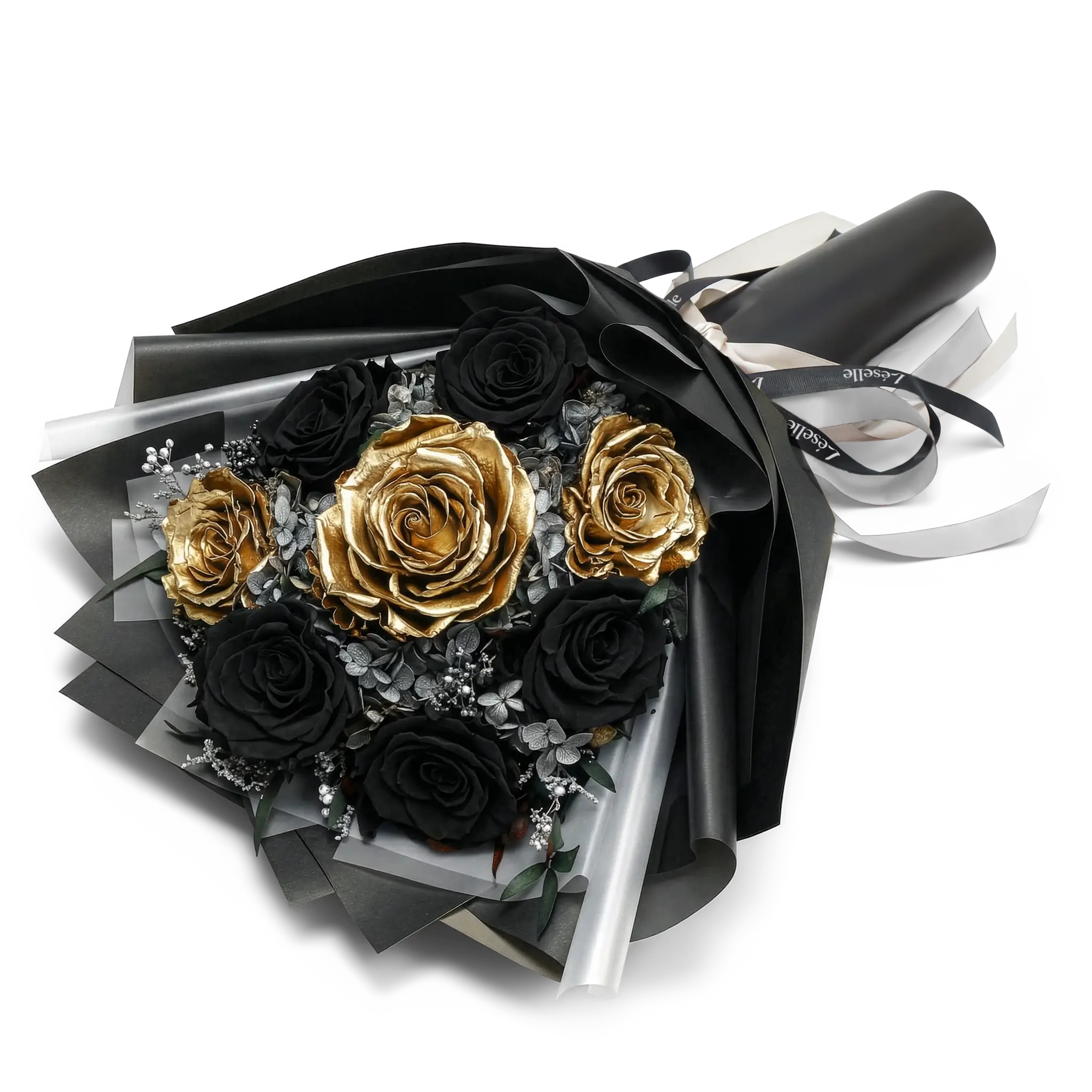 Preserved Flower Bouquet - Classic Black & Gold Roses