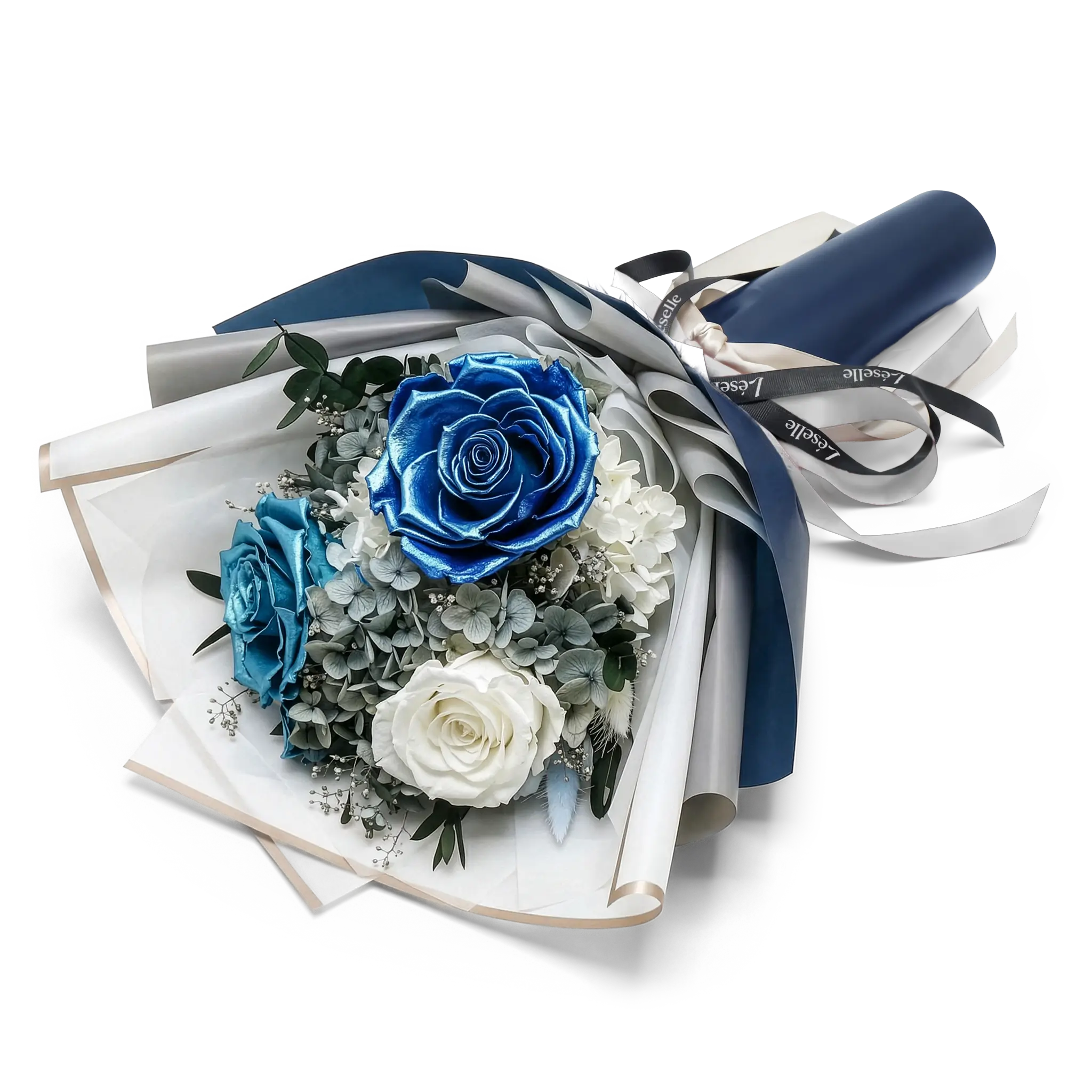 Preserved Flower Bouquet - Metallic Blue & White Roses