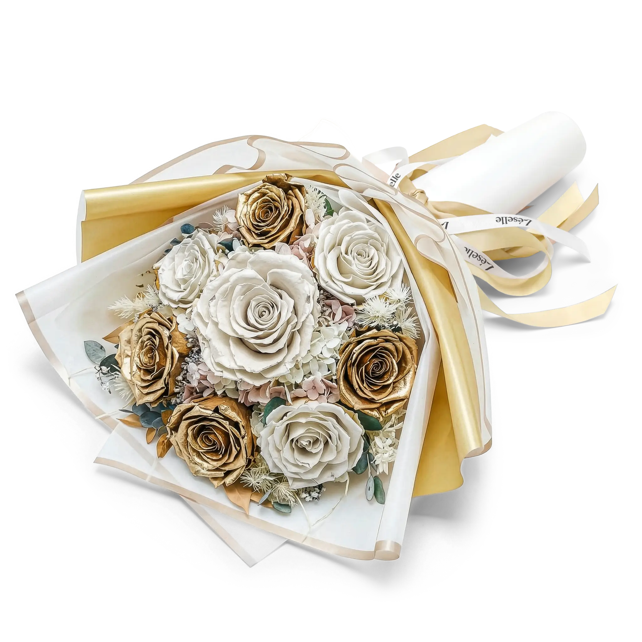 Preserved Flower Bouquet - White & Gold Roses