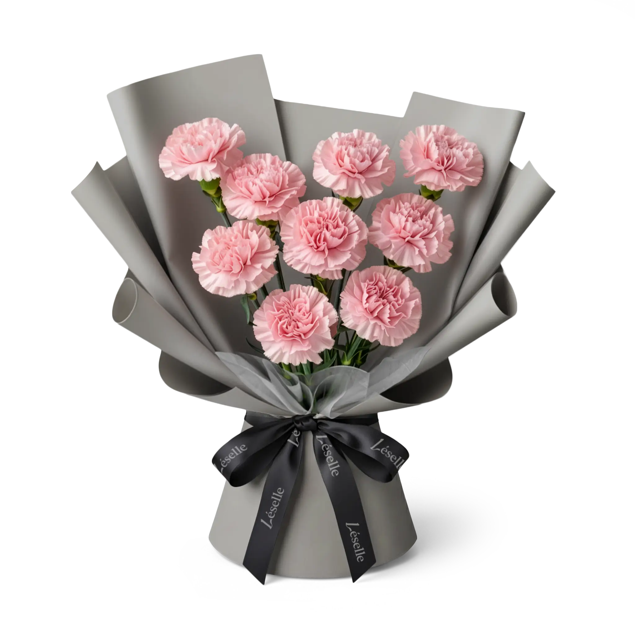Bouquet of soft pink carnations wrapped in grey paper with a black ribbon on a transparent background